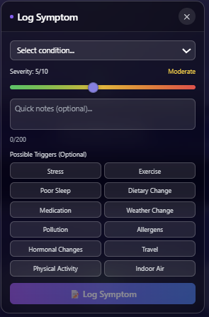 Smart symptom logging interface with weather context